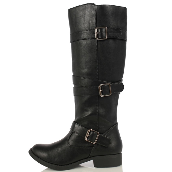 size 6 Black Strappy Knee High Low Heel Riding Boo - Picture 2 of 5